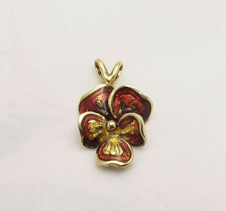 Antique Vintage Solid 14k Yellow Gold & Enamel Pansy Flower Pendant For Necklace