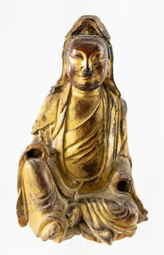 Antique Chinese Or Japanese Gilt Carved Wood Figure Of Seated Buddha Shrine
