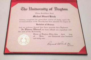 Authentic 1961 University Of Dayton Diploma In Gold Stamped Cover
