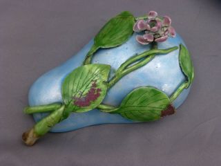 Antique Chinese Pear Shaped Enamel On Copper Lidded Box Applied Leaves & Flower