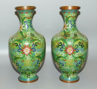 Fine,  Antique Chinese Qing Cloisonne Green Ground Scrolling Lotus Vases