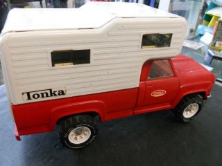 Vintage Tonka Dodge Pickup Truck w/camper - Pressed Steel Red 2