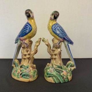 Pair Antique Hand Painted Italian Majolica Porcelain Parrot Bird Statues