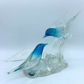 Vtg Seguso Murano Blue Clear Art Glass Birds Perched Branch Figurine W Sticker
