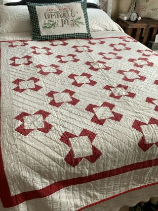 Full Queen Vintage Quilt Red And White Cotton Euc Holiday