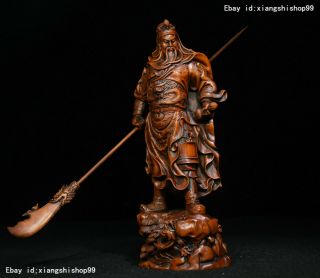 8 " Old Chinese Folk Boxwood Wood Carved Dragon Warrior Guan Gong Yu God Statue