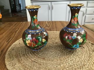 Pair/antique Chinese Enameled Cloisonne Vases,  Brown W/flowers