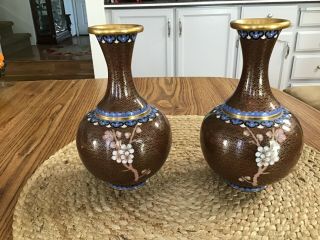 PAIR/ANTIQUE CHINESE ENAMELED CLOISONNE VASES,  BROWN w/FLOWERS 2