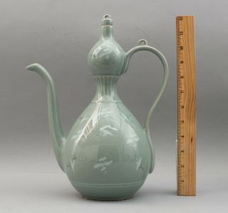 Signed Vintage Mid 20thc Korean Celadon Porcelain Teapot Flying Crane Motif,  Nr