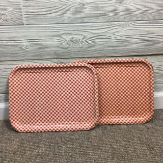 Set Of 2 Vintage Metal Trays 13.  5” X 10.  5” Red White Gingham Rectangle
