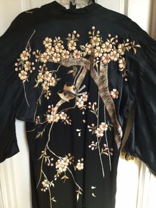 Outstanding Antique Chinese Embroidered Black Silk Robe Birds Lined