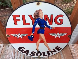 Vintage Flying A Gasoline Heavy Porcelain Sign 12”
