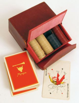 Vintage Set Of Playing Cards Poker Chips Myopia Hunt Club Leather Book Binder