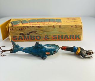 Last One - Vintage " S@mbo & Shark " Fishing Lure 1950 Florida Black Americana