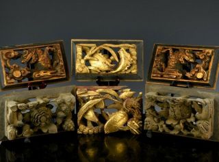 Six Fine Antique Chinese Gold Lacquer Carved Wood Wall Panels Qing Dynasty