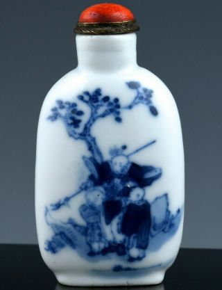 Great 19c Chinese Blue & White Boys Lighting Firecrackers Porcelain Snuff Bottle