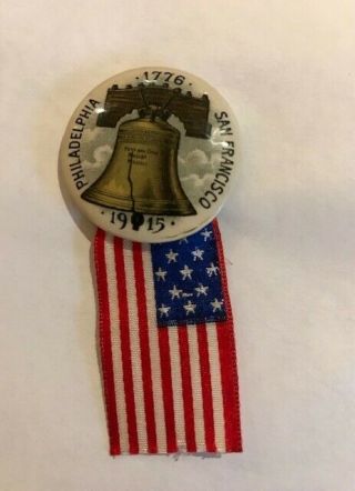 1915 San Francisco Panama Exposition Philadelphia Liberty Bell Pin & Silk Flag