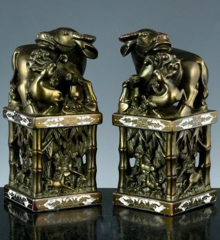 Large Old Chinese Carved Soapstone Water Buffalo Chop Seals Bookends