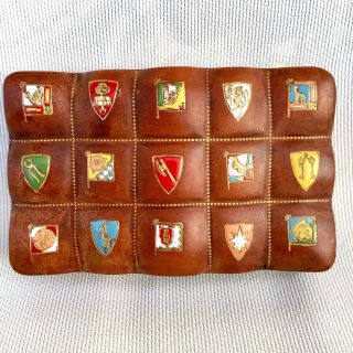 Vtg Italian Calf Leather Jewelry Trinket Box Gold Painted Medieval Sigil Flags