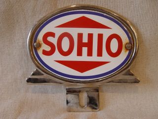 Vintage 2 Piece Sohio Gas Oil Porcelain & Metal Advertising License Plate Topper