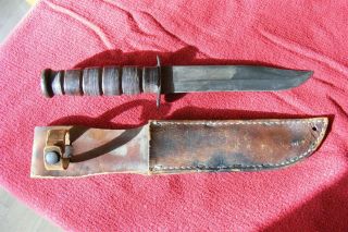 Vintage Ww2 Ka - Bar Usmc Fixed Blade Knife With Leather Sheath 12 "