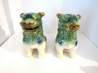 Vintage Pair Vintage Foo Dogs Green & Blue Glazed Ceramic 8 1/2 "