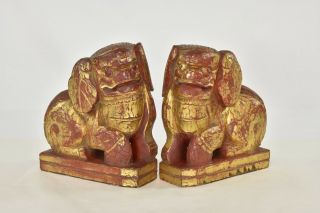 Pair Antique Chinese Red & Gilt Wood Carved Statue / Sculpture Of Fu Foo Dog