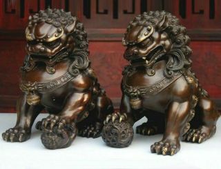 Pair Feng Shui Chinese Classical Bronze Lion Statue Evil Guardian Door Fu Foo