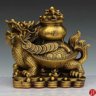 Chinese Bronze Feng Shui Yuan Bao Money Wealth Dragon Turtle Tortoise Statue Yr
