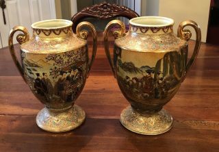 2 Vintage Chinese Signed Satsuma Moriage Earthenware Pottery Vases Urns