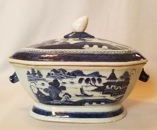 19th Century Chinese Export Porcelain Blue Canton Soup Tureen Make - Do Finial