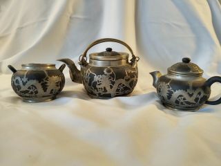 Tung King Shun Dragon Tea Pot Ceramic And Pewter