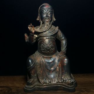 10.  4 " Chinese Antiques Yongle Year Pure Copper Add Cinnabar Guan Yu Buddha Statue