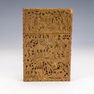 Antique Chinese Cantonese - Intricately Hand Carved Oriental Scenes Card Case