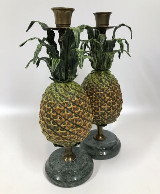 Two Vtg Cast Metal Petites Choses Pineapple Candle Holders Candlesticks 11 " Tiki
