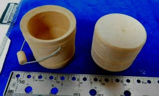 Miniature Wooden Bucket W/wire Handle 2 " Tall And Round Covered Box Set