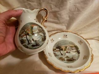 Vintage Currier And Ives The Homestead In Winter Miniature Pitcher And Basin