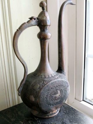 Antique Persian Safavid Tinned Copper Ewer Figural Etching Lion Birds Large 14 " H