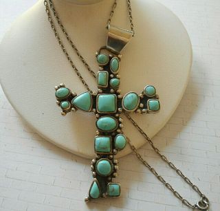 Huge Vintage Mexico Sterling Silver Turquoise Cross 20 " Chain Necklace 17 - 58n