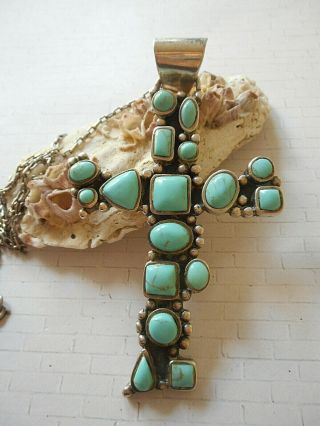 Huge Vintage Mexico Sterling Silver Turquoise Cross 20 