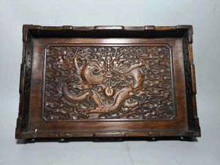 Chinese Qing Dynasty Old Antique Yellow Wood Hand Carving Dragon Tray