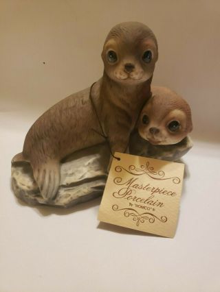 Vintage Homco Masterpiece Porcelain Double Baby Seal Figure 1981