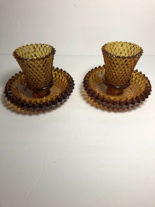Amber Gold Diamond Point Glass Peg Votive Cups Candle Holders W/bases