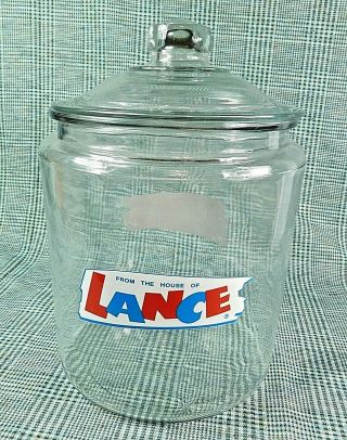 Vintage Large Lance Snack Crackers Store Counter Display Jar W/ Glass Lid 13.  5 "