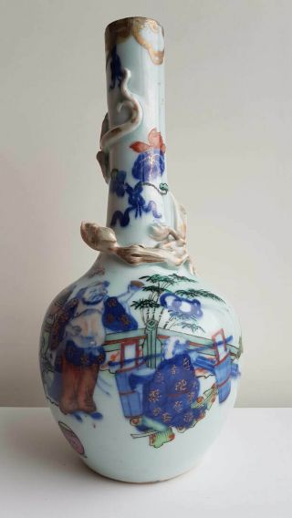 Antique Chinese Porcelain Famille Rose Dragon Bottle Vase Scholars China 10 "
