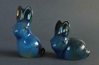 2 Rare Vintage Howard Pierce California Art Pottery Blue Tones Rabbits - Bunnies