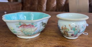 2 Very Rare 19th Century Chinese Famille Rose Bowl And Bird Feeder