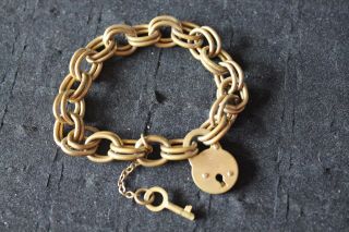 Antique Brass Charm Bracelet With Pad Lock And Key Vintage Victorian