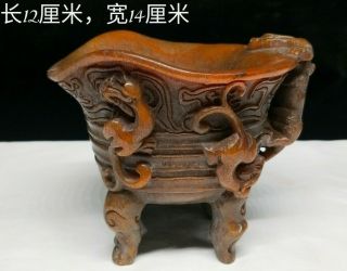 6 " Chinese Old Antique Ox Horn Handcarved Beast Four Feet Cup Statue