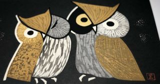 Vintage Japanese Kaoru Kawano Woodblock Print Of 2 Owls - Three Eyes